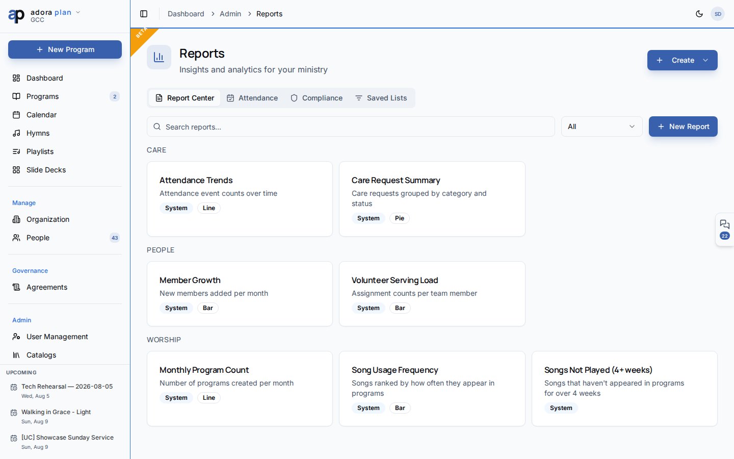 Reports page with Report Center tab showing categorized report cards