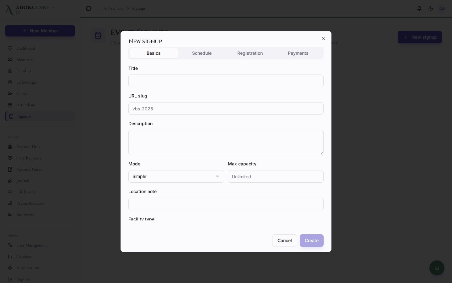 New signup dialog with Basics, Schedule, Registration, and Payments tabs