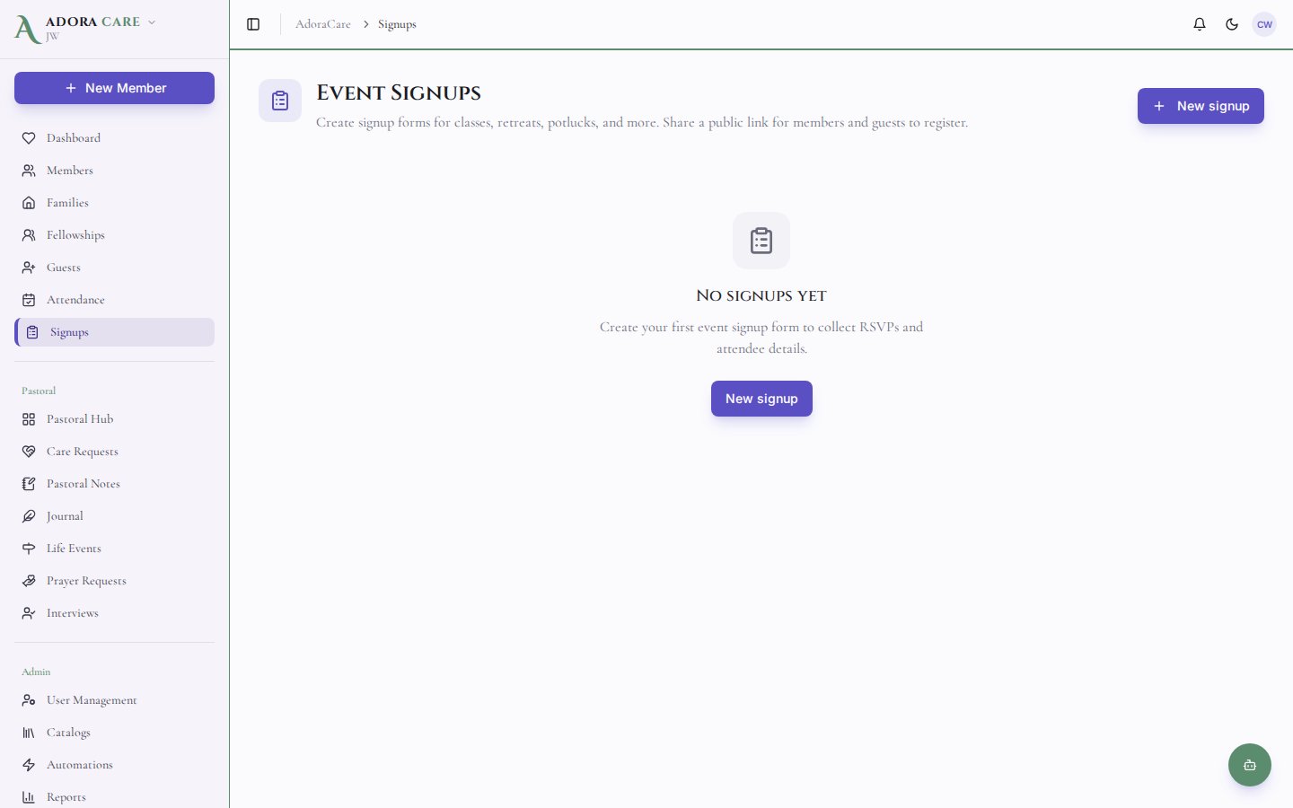 Event Signups list showing published events with dates, status, and public link actions