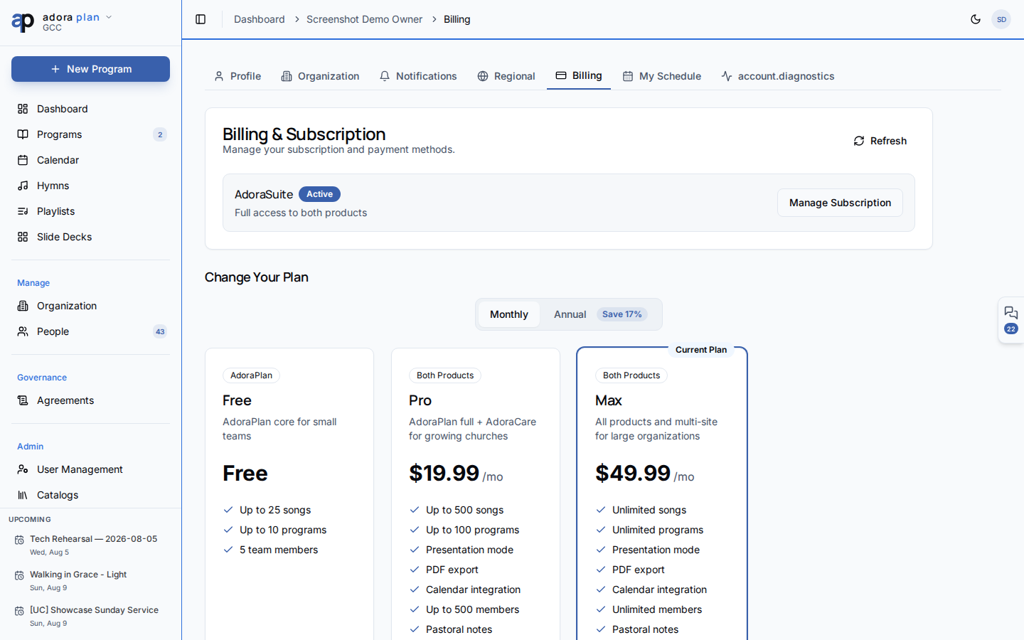 Página Account Billing con tarjeta de plan actual y comparación de precios