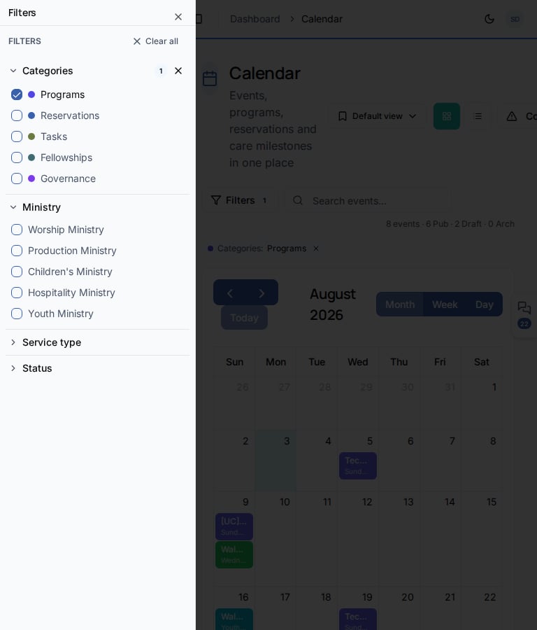 Painel Calendar Filters com checkboxes de ministry, service type e status