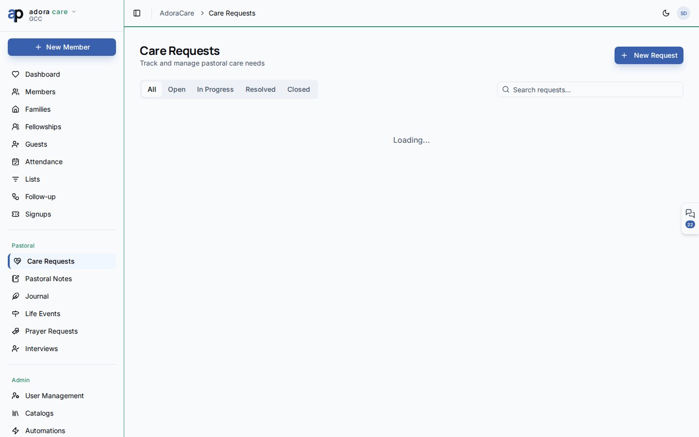 Care Requests board with status tabs and request cards