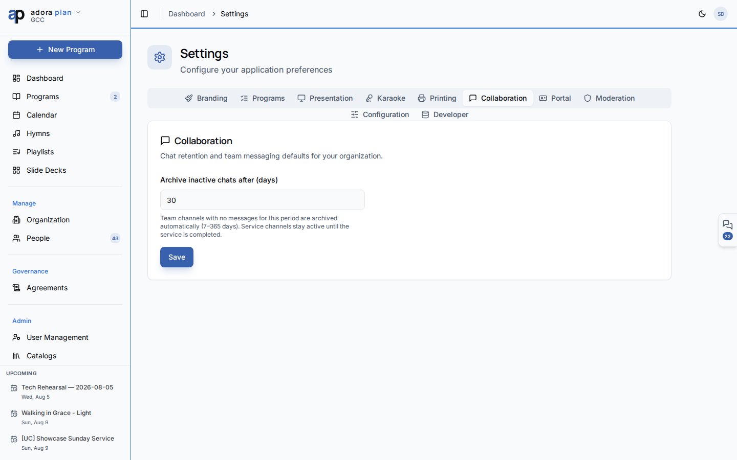 Pestaña Settings Collaboration con control de días de retención de chat