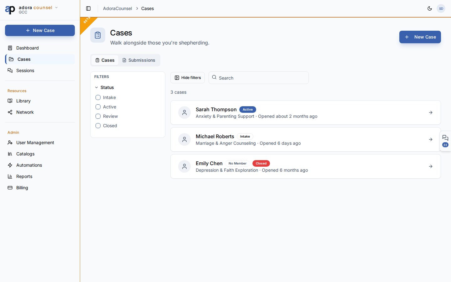 Counseling cases list with status filters and search