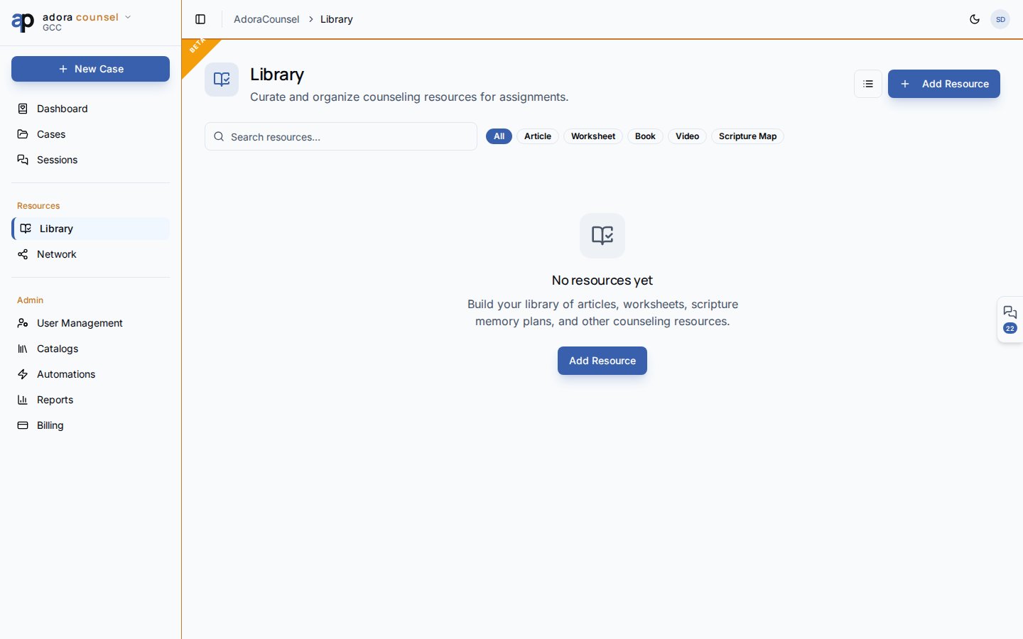 Cuadrícula de Resource Library con filtros por tipo y botón Add Resource