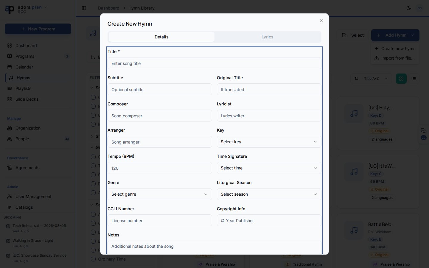 Add Hymn dialog with title, metadata fields, and lyrics editor