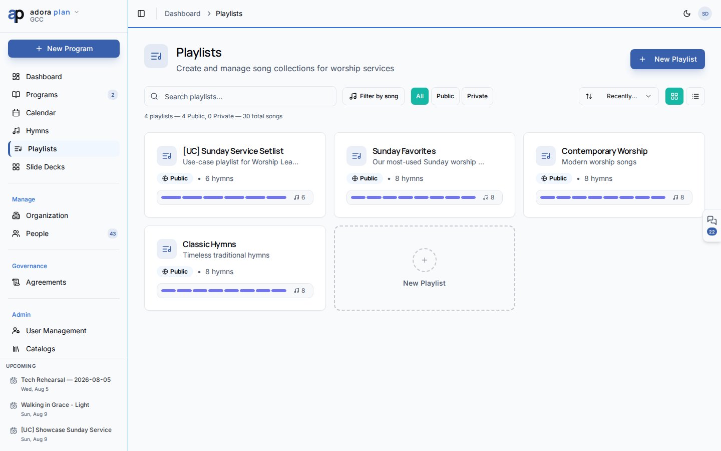 Playlists page in grid view showing playlist cards with song counts