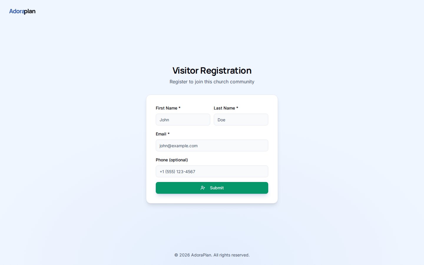 Formulario de Visitor Registration con campos de nombre, email y teléfono