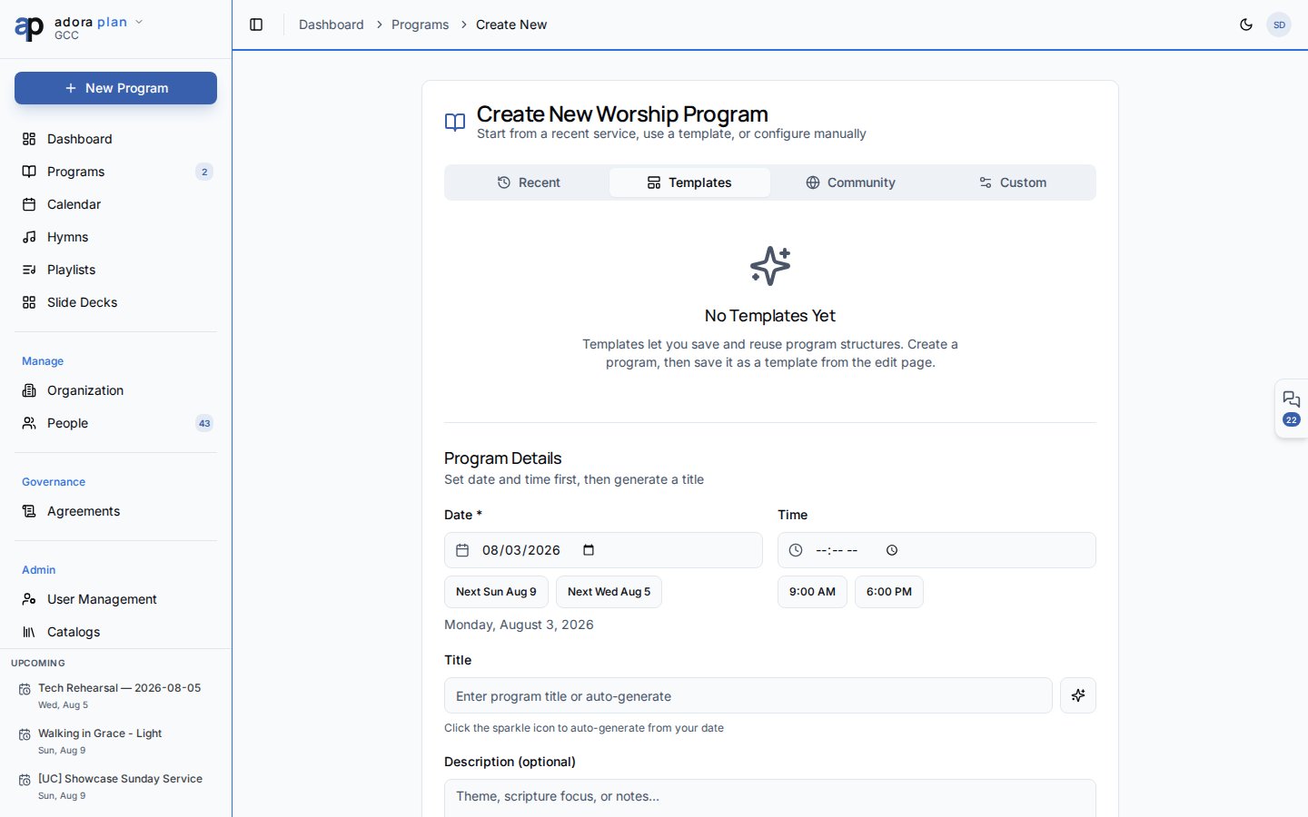 Create Program wizard on the Templates tab showing available service templates