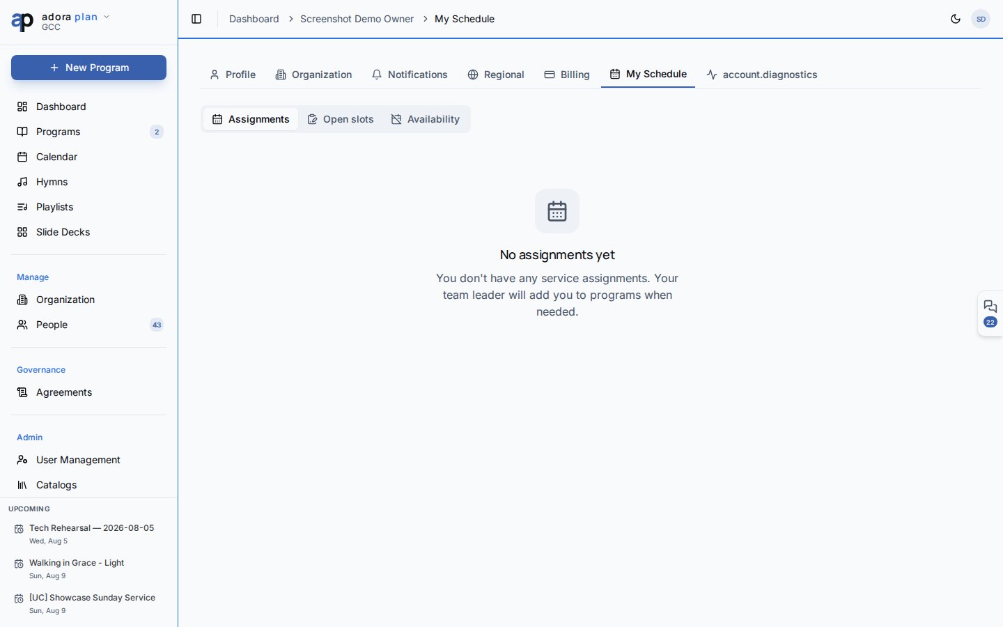 My Schedule page showing upcoming assignments and accept or decline actions