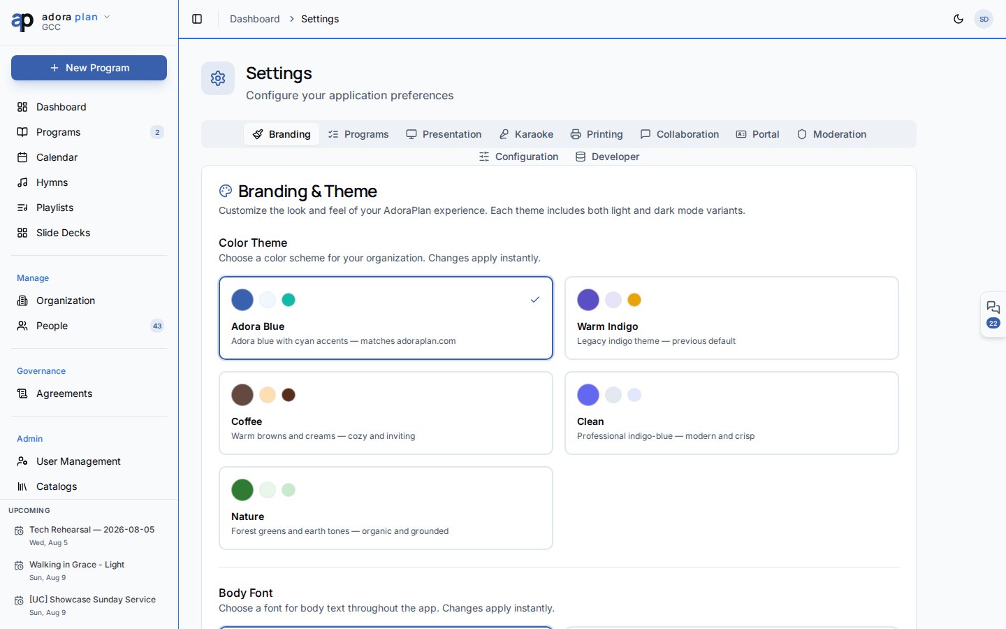 Settings page with Branding tab showing color theme and font options