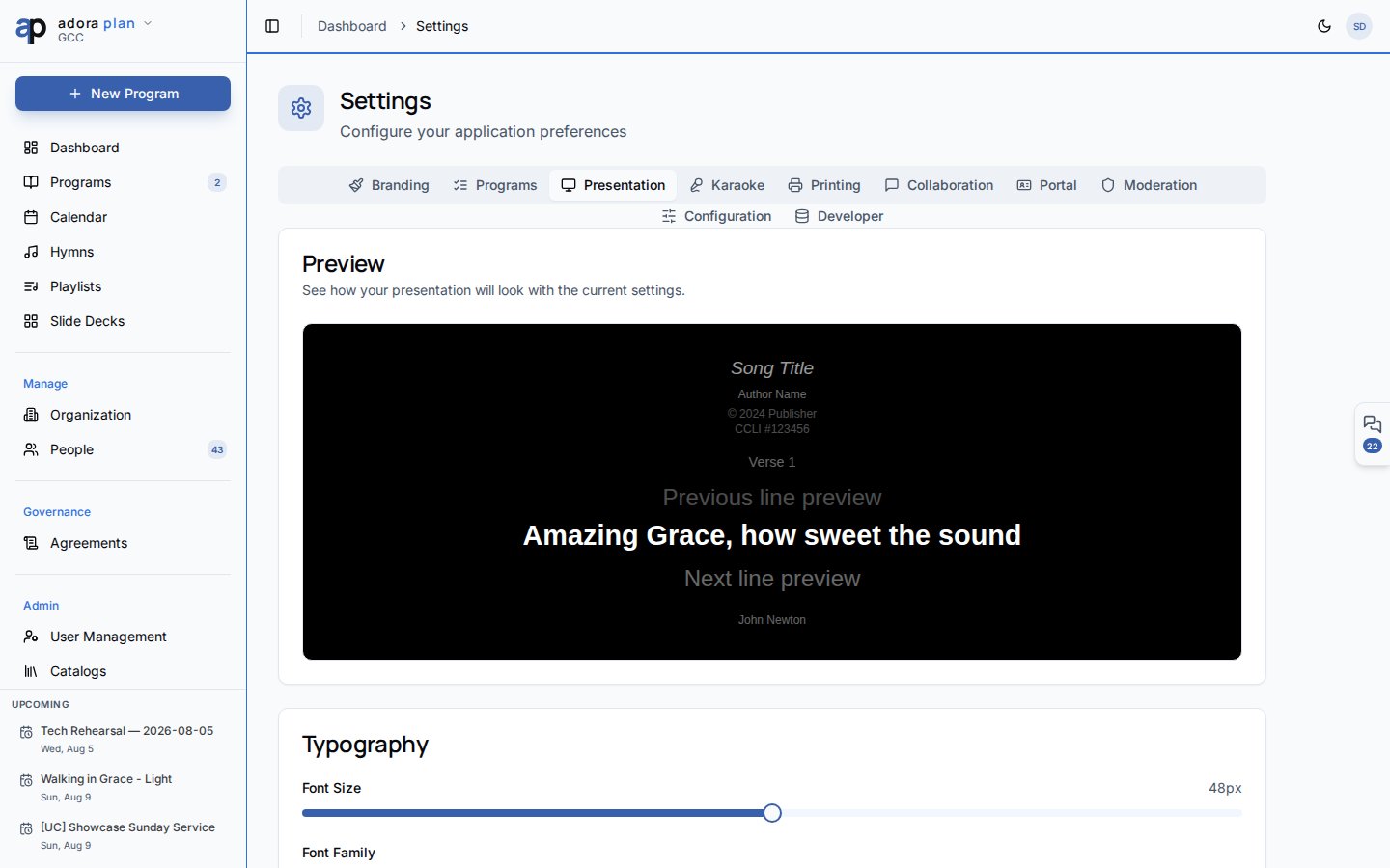 Settings Presentation tab with font size, colors, and slide toggle options