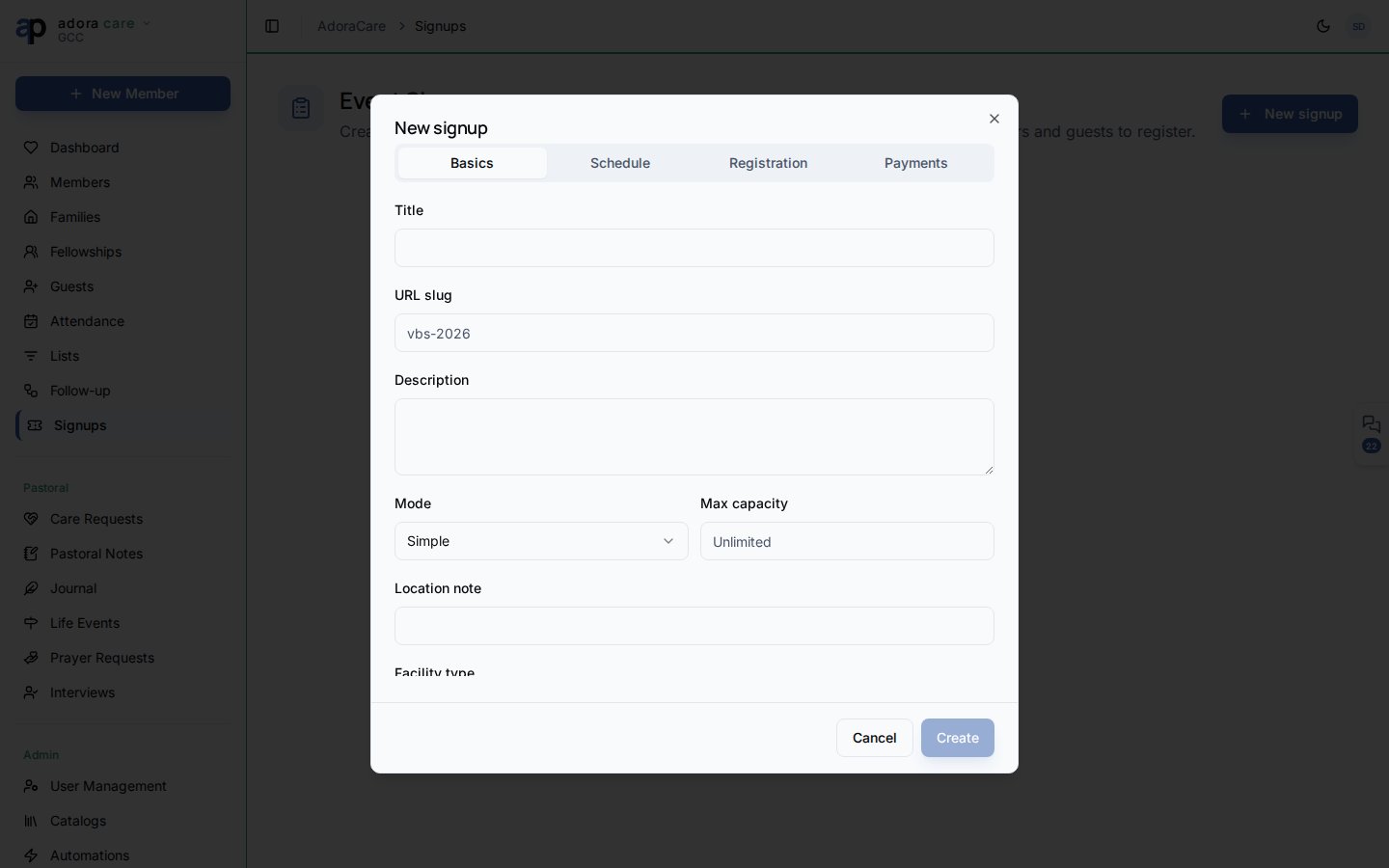 Diálogo de nuevo signup con pestañas Basics, Schedule, Registration y Payments