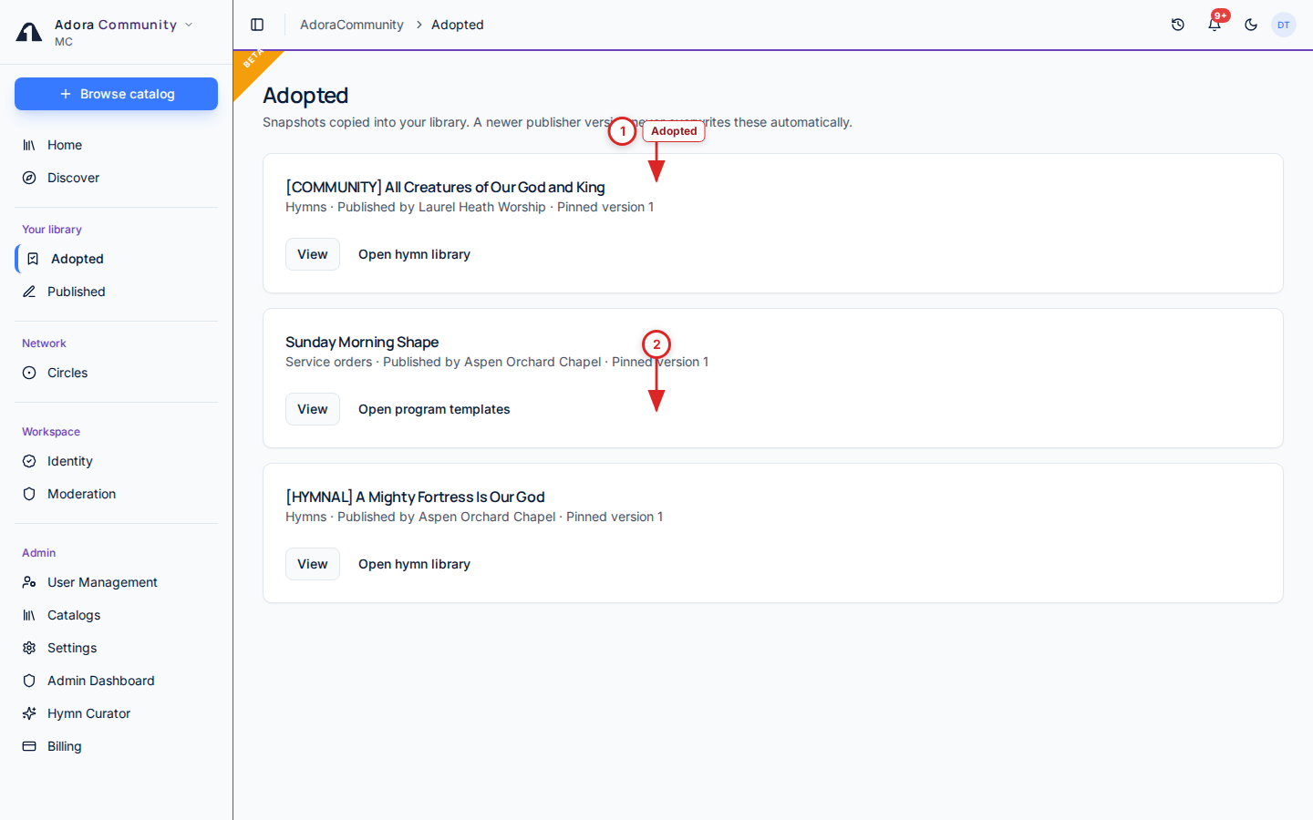 Adopted page with numbered callouts on the Adopted heading and copied listings