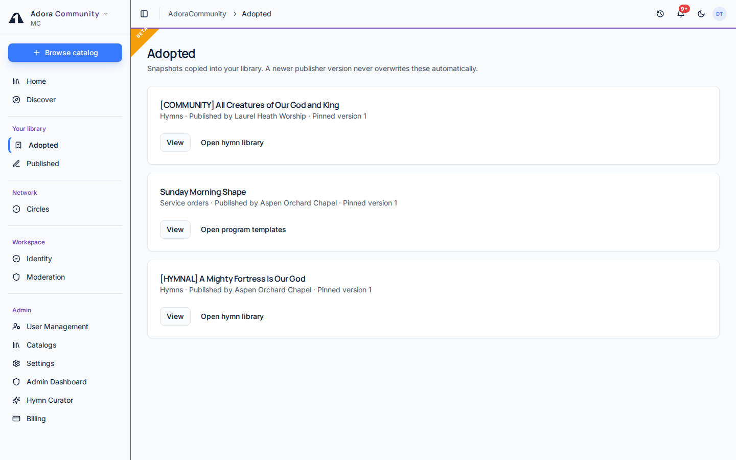 Adopted list in AdoraCommunity showing copied catalog items