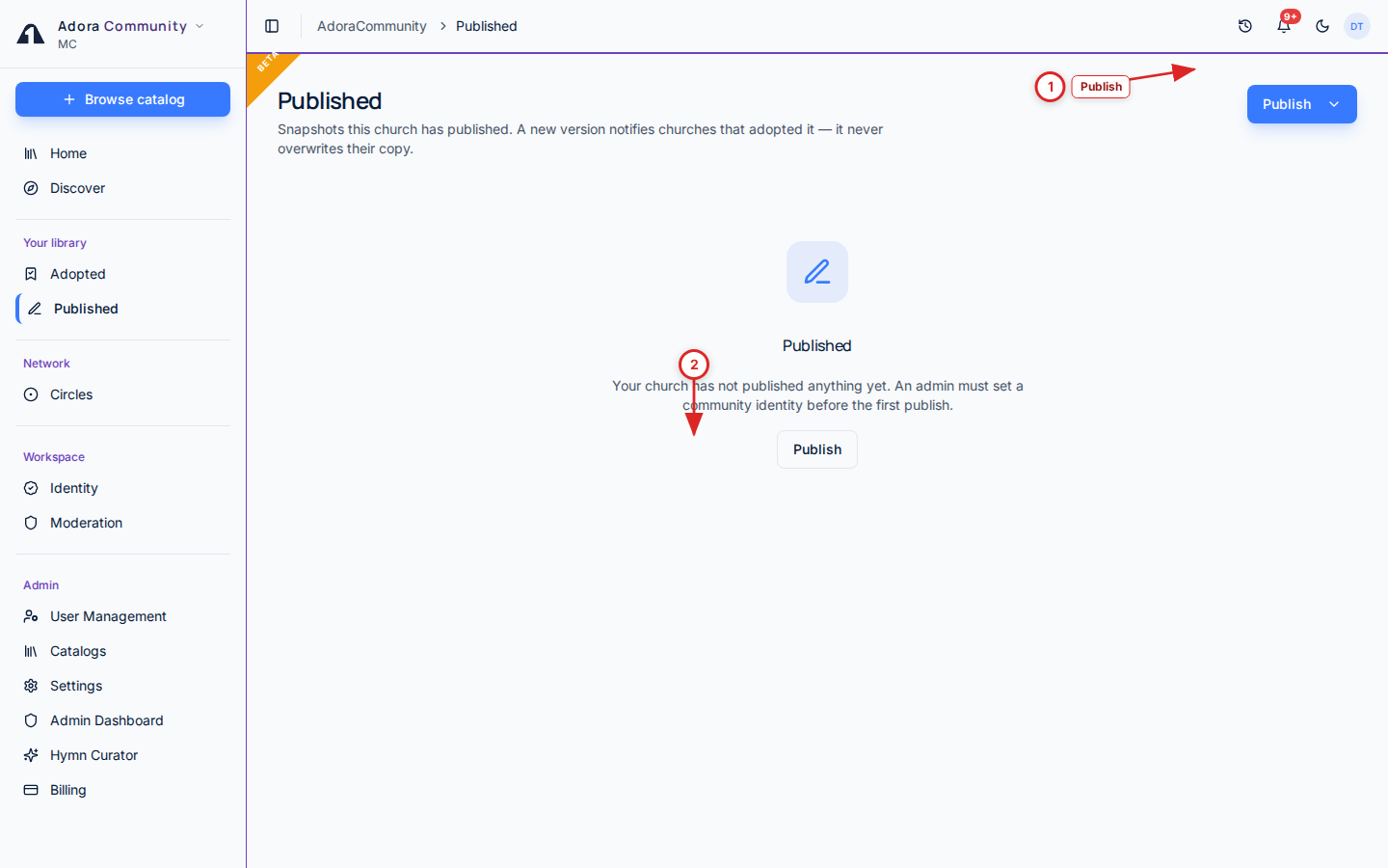 Published page with numbered callouts on Publish and the listing table