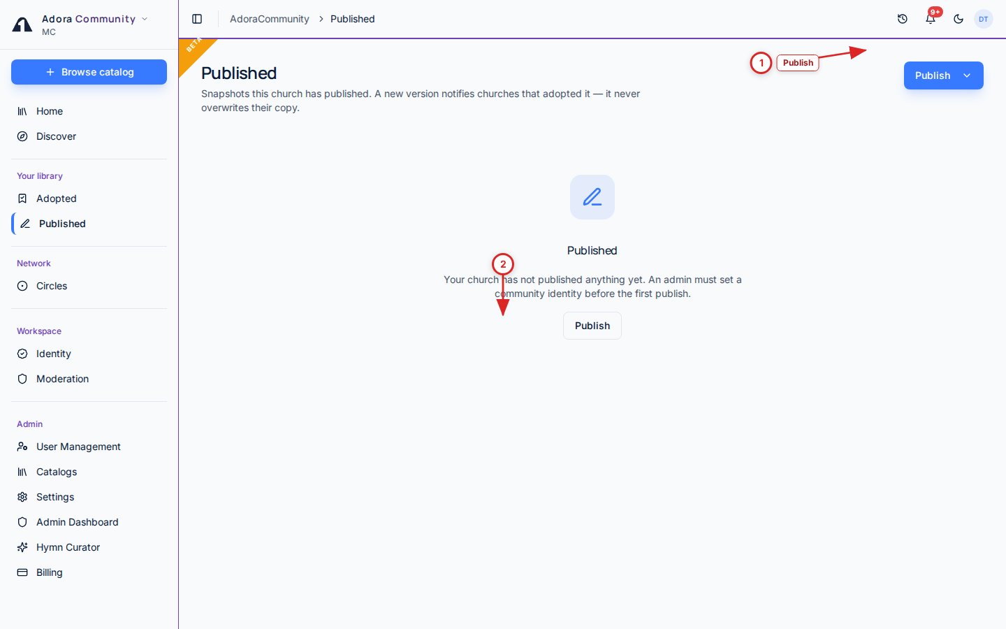 Published page with numbered callouts on Publish and the listing table
