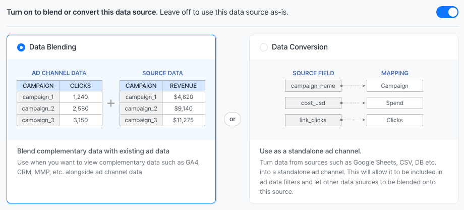 The Data integration tab with the Data Blending option selected