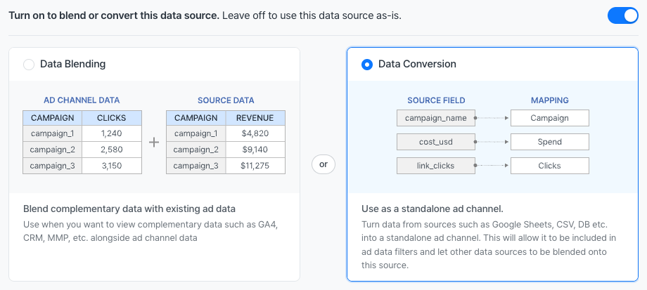 The Data integration tab with the Data Conversion option selected
