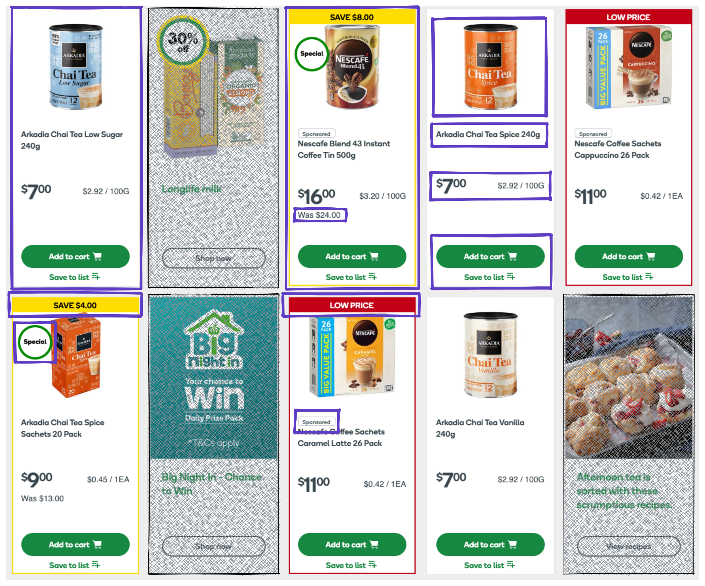 Screenshot of the Woolworths product listing with annotations