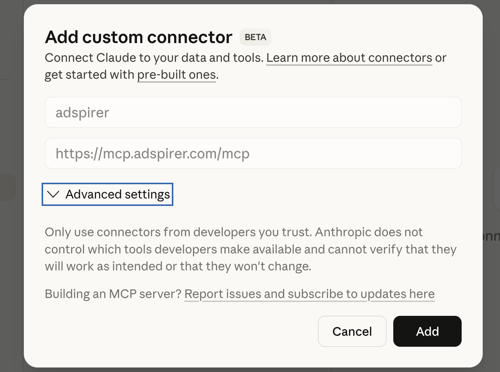 Add custom connector dialog