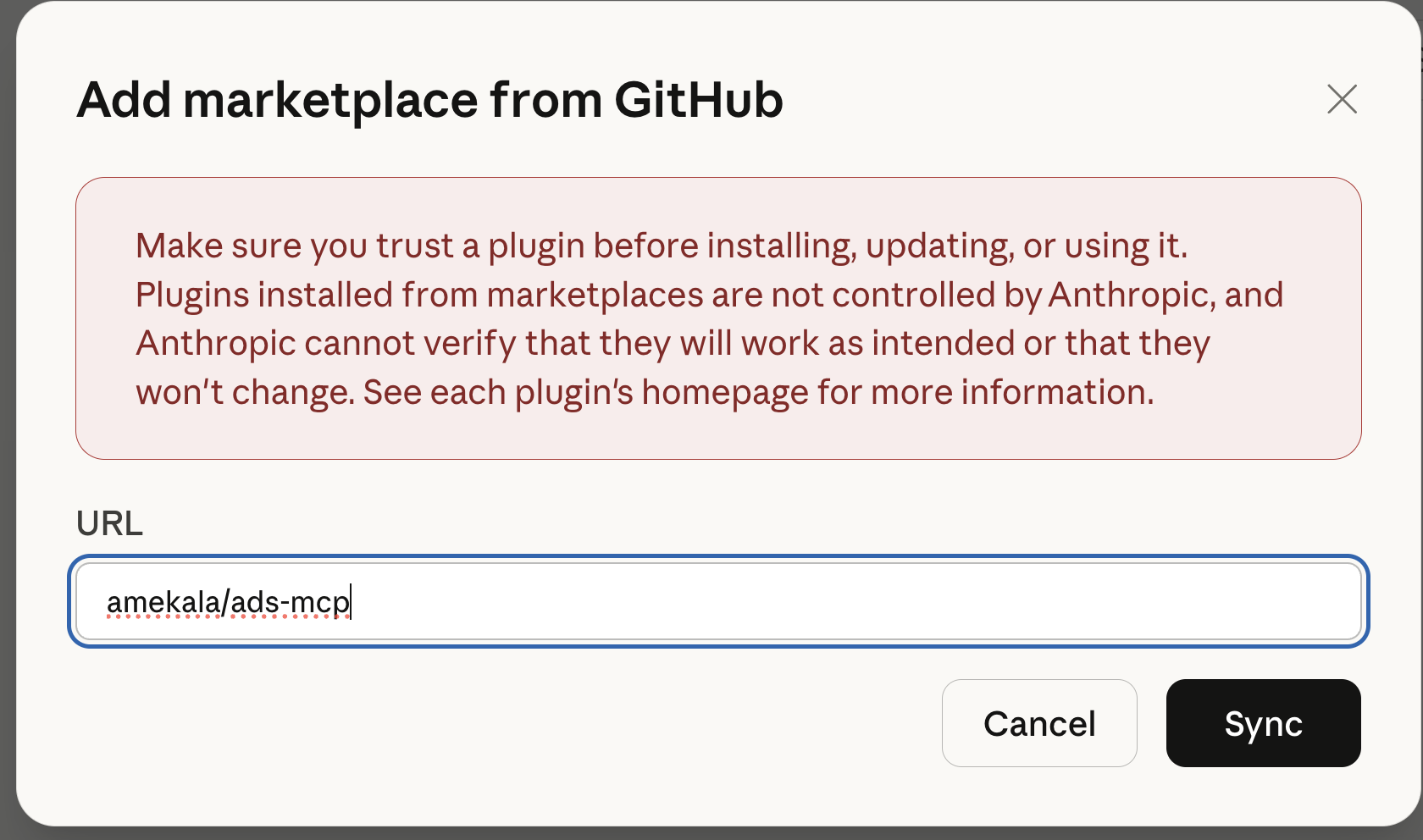 Add marketplace from GitHub dialog