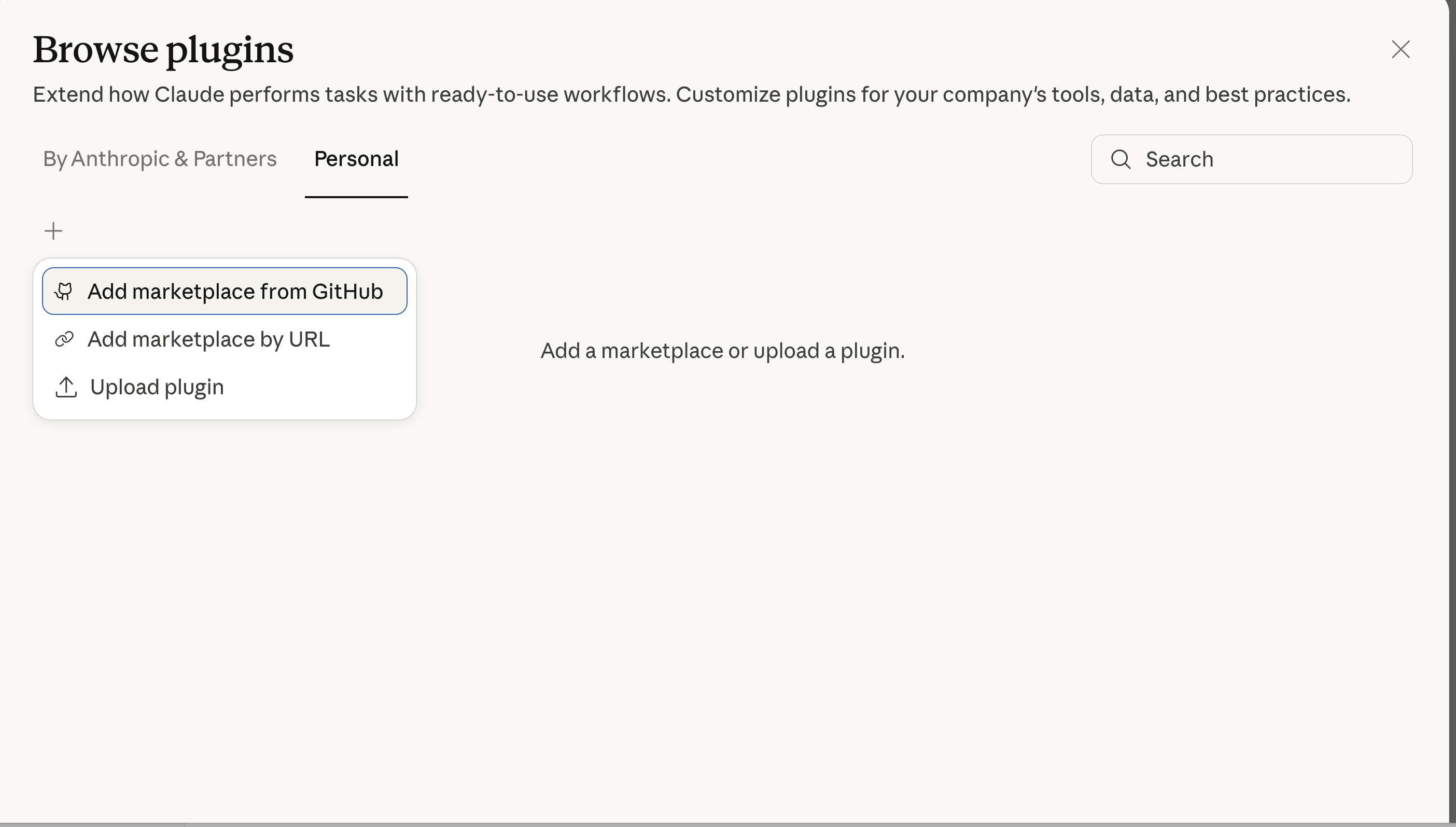 Browse plugins Personal tab with add options