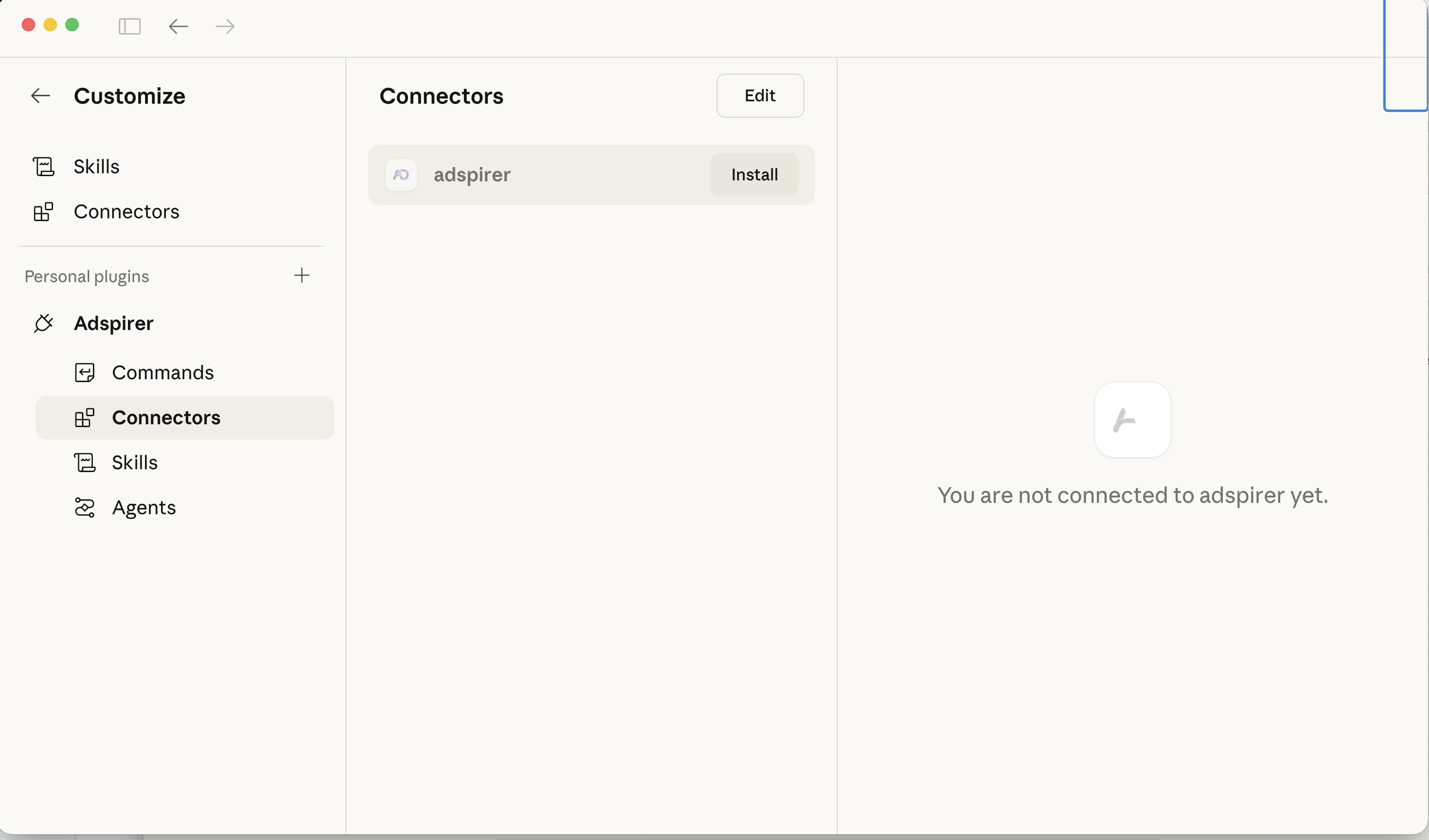 Adspirer connector with Install button