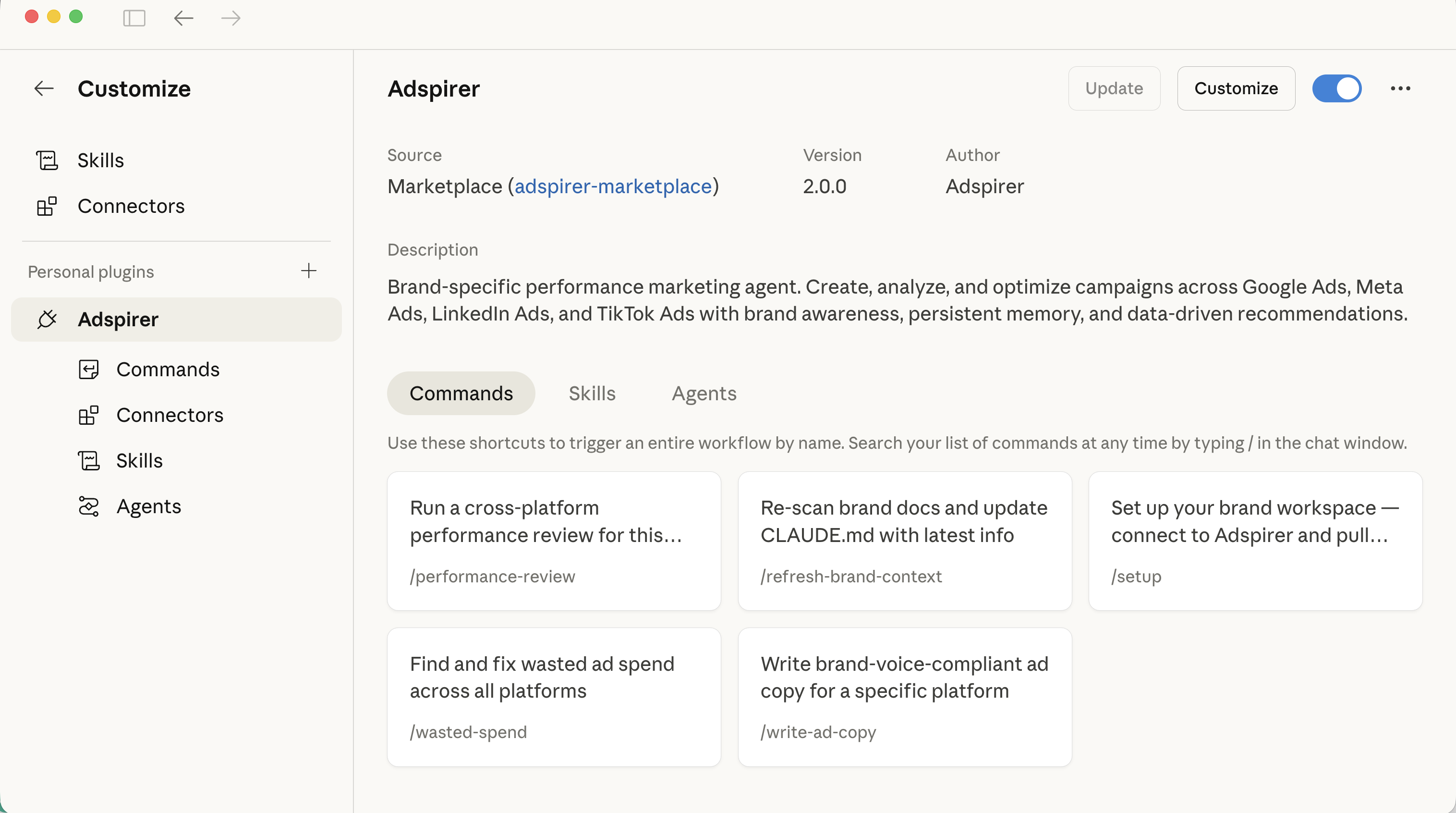 Adspirer plugin commands, skills, and agents