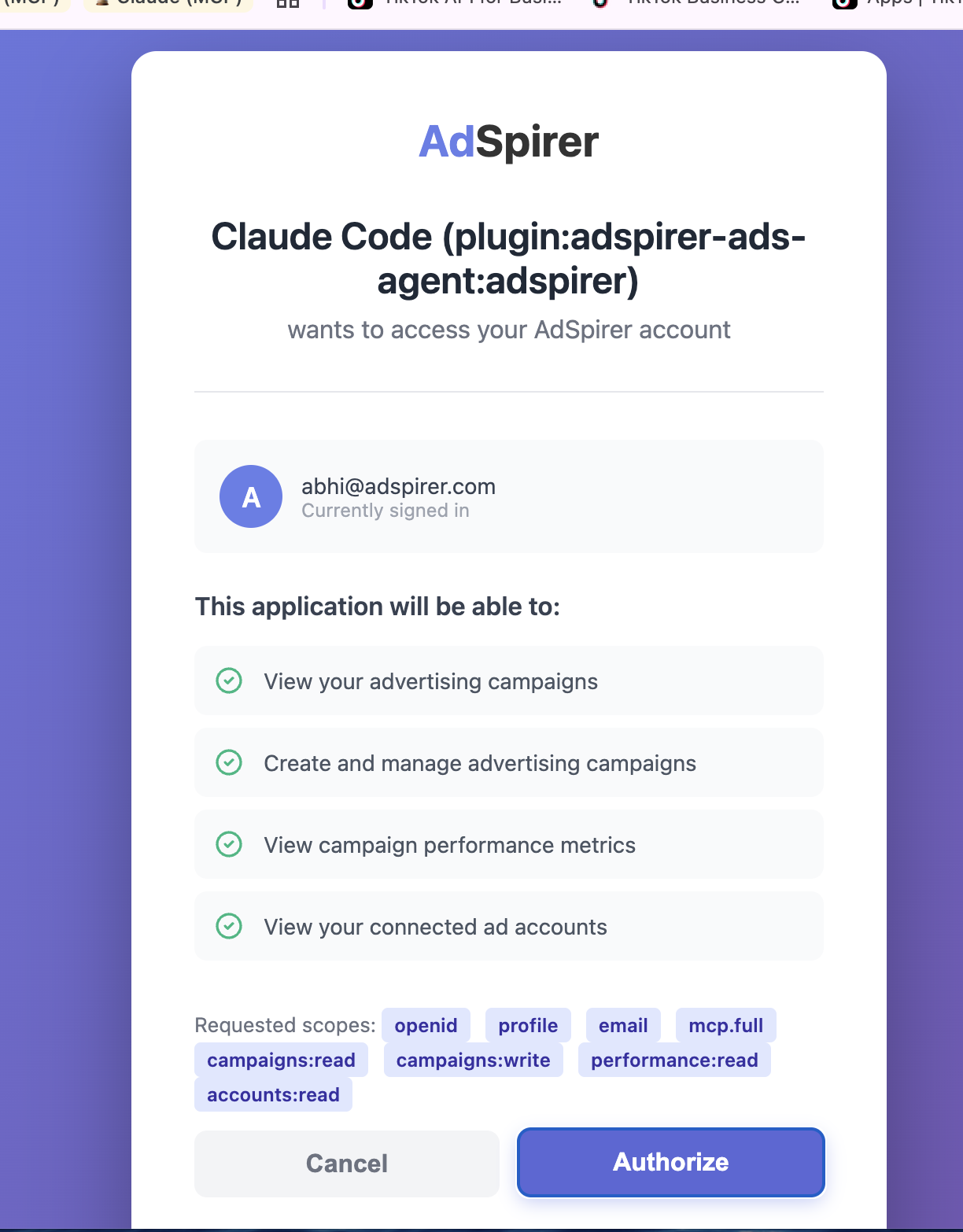 Adspirer OAuth authorization page showing requested scopes