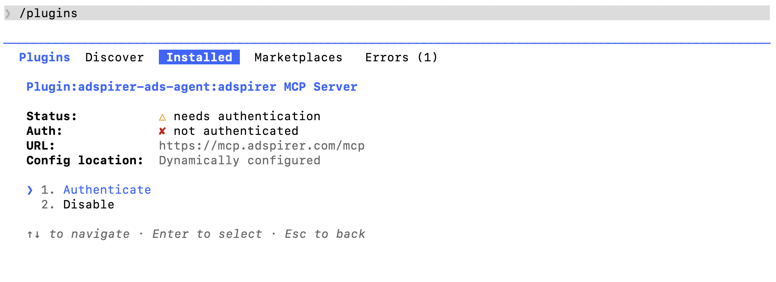 adspirer MCP server detail view showing Authenticate option