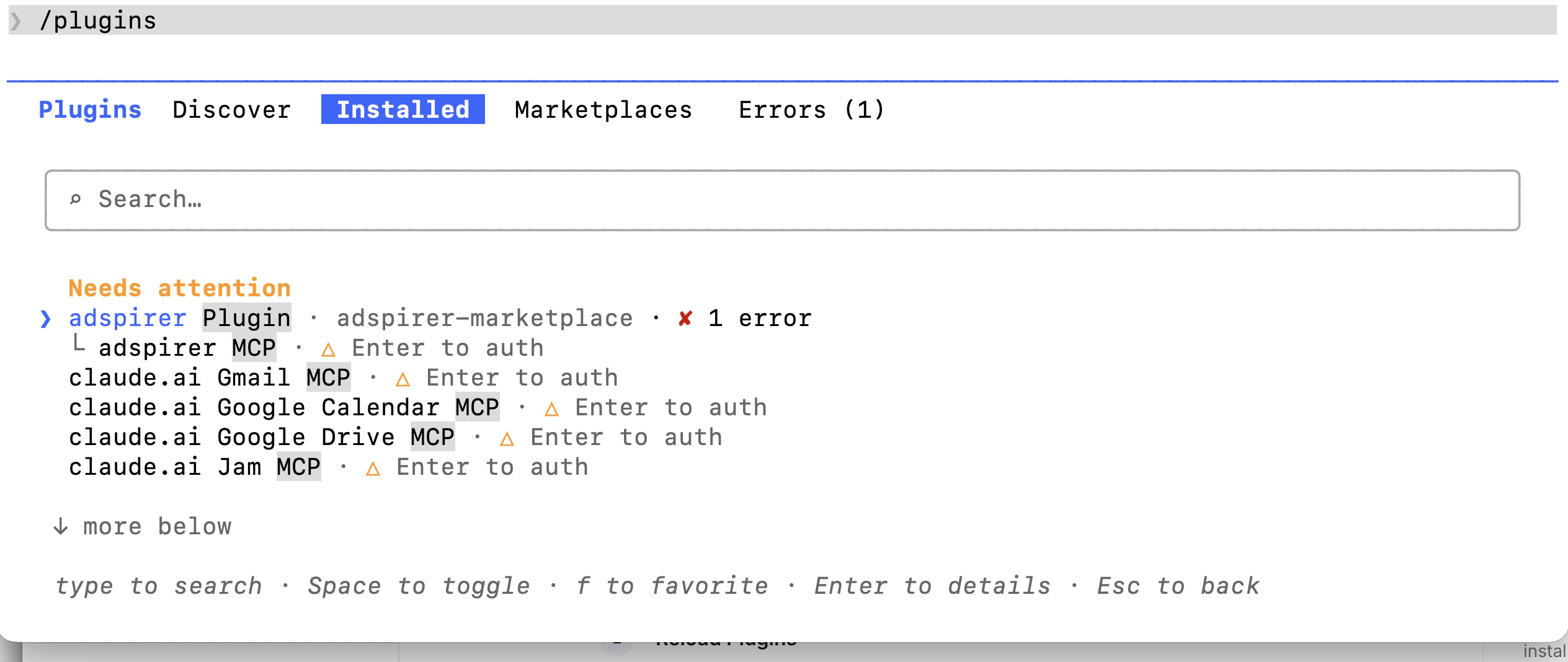 Plugin manager Installed tab showing adspirer plugin needs authentication