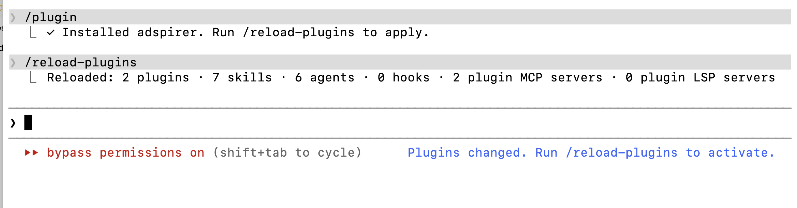 Claude Code reload-plugins output showing 2 plugins, 7 skills, 6 agents, 2 plugin MCP servers