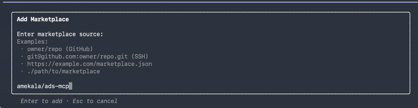 Add Marketplace dialog with amekala/ads-mcp entered as the GitHub source