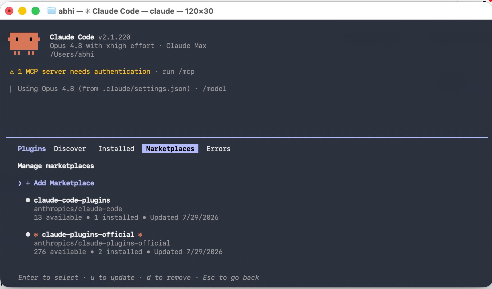 Claude Code plugin manager Marketplaces tab with + Add Marketplace option
