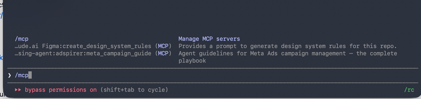 Typing the /mcp slash command in Claude Code