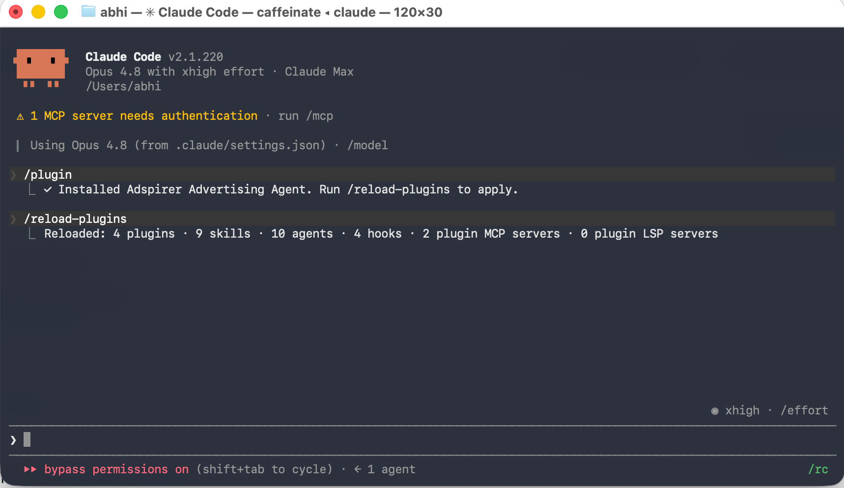 Claude Code output confirming Adspirer Advertising Agent installed, followed by reload-plugins output