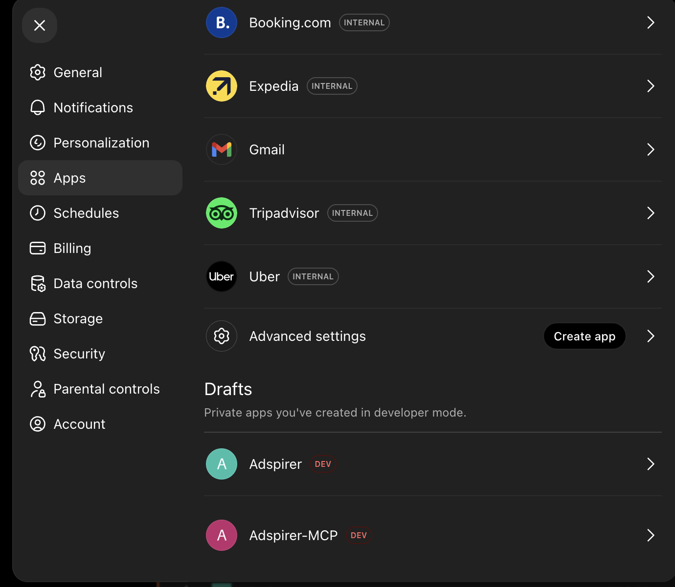 ChatGPT Settings with Apps selected in the left nav, showing the Advanced settings row with a Create app button and a Drafts section