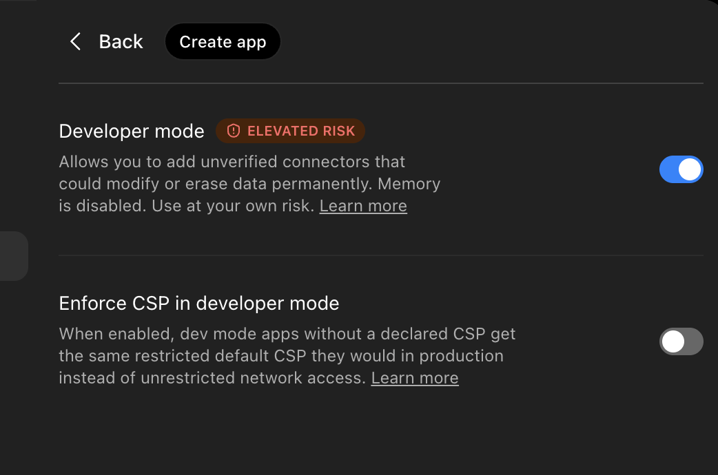 ChatGPT Advanced settings with the Developer mode toggle enabled and an Elevated Risk badge