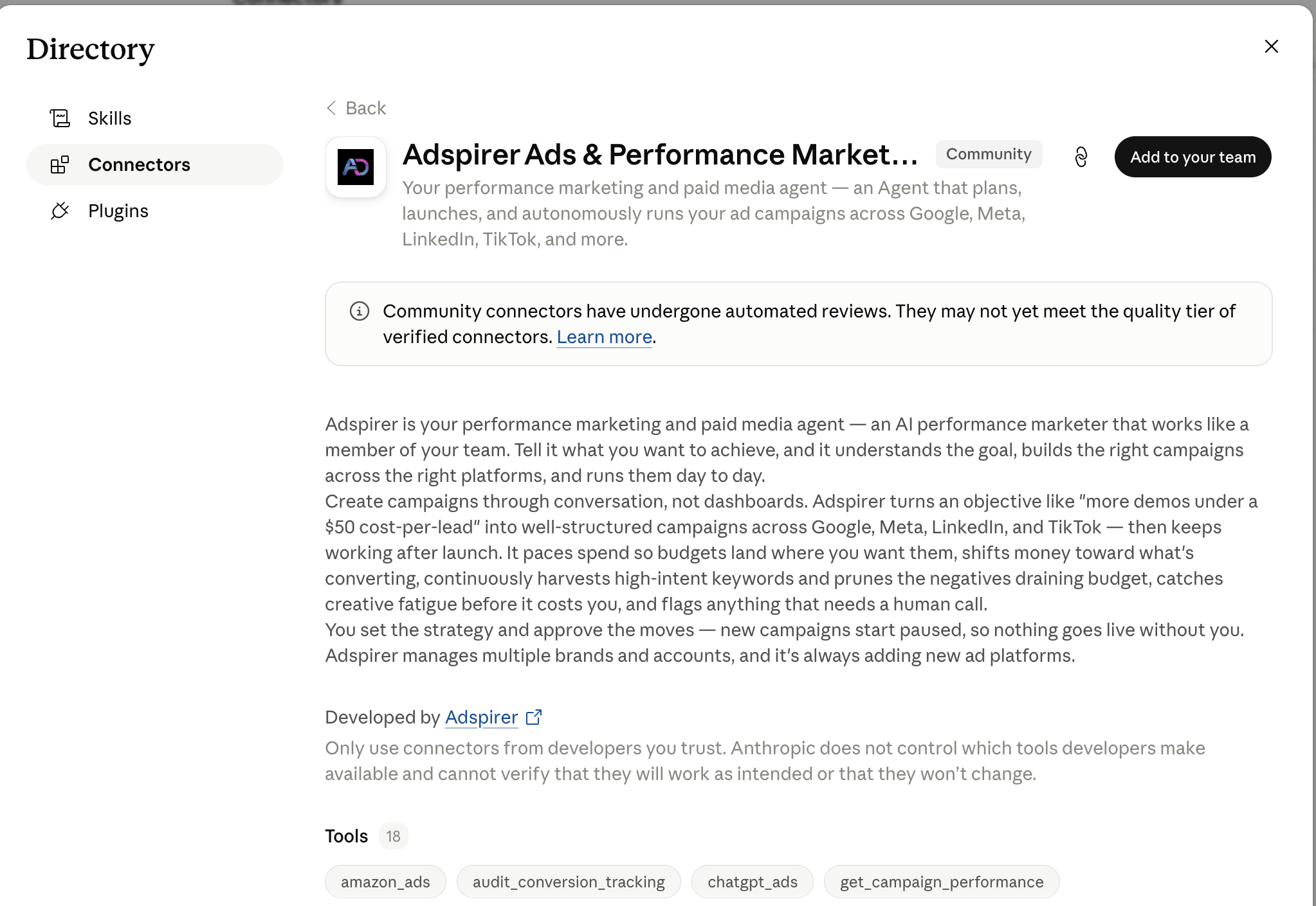 Adspirer Ads & Performance Marketing Agent listing in Claude with the Add to your team button