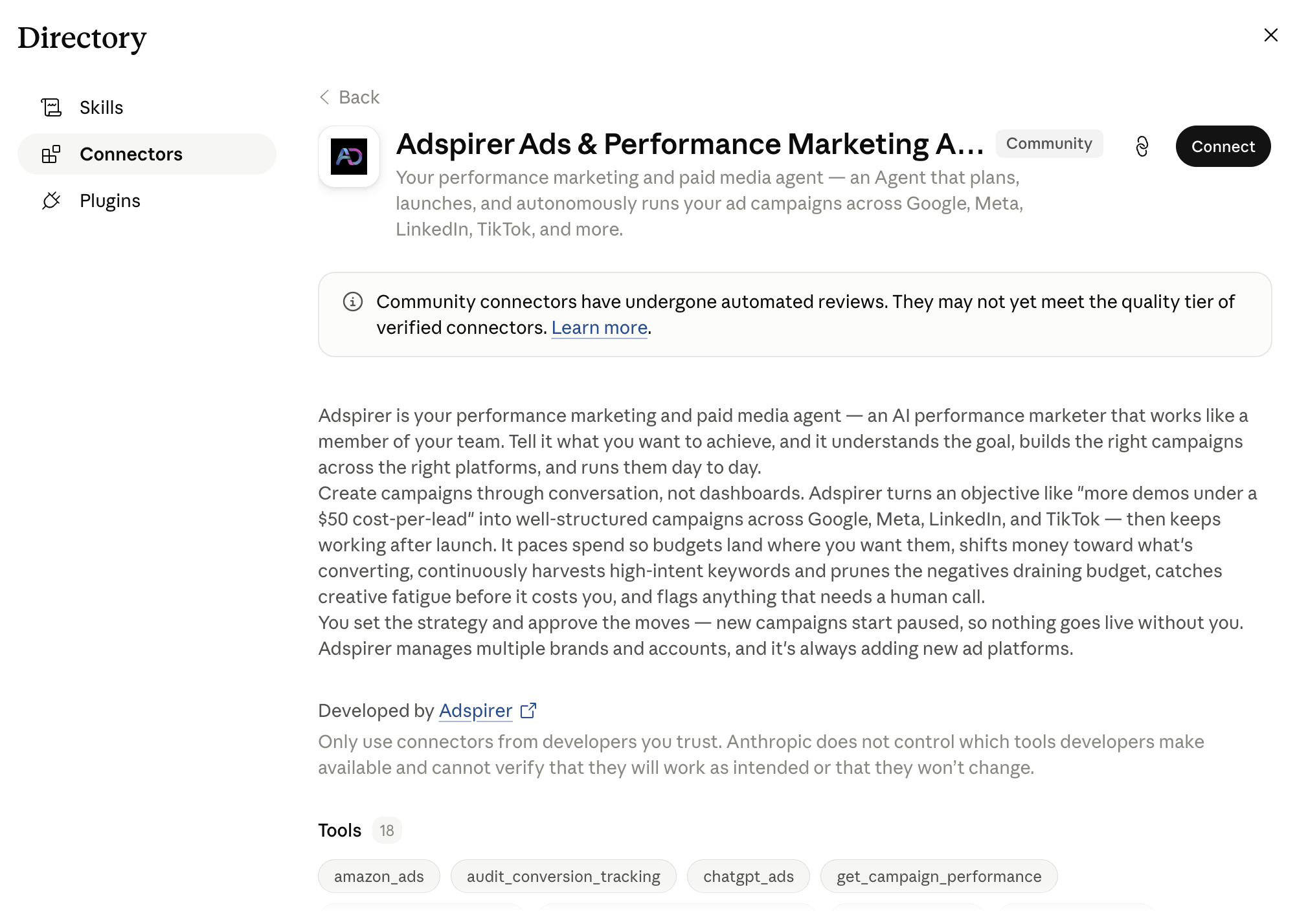 Adspirer Ads & Performance Marketing Agent listing in Claude with the Connect button