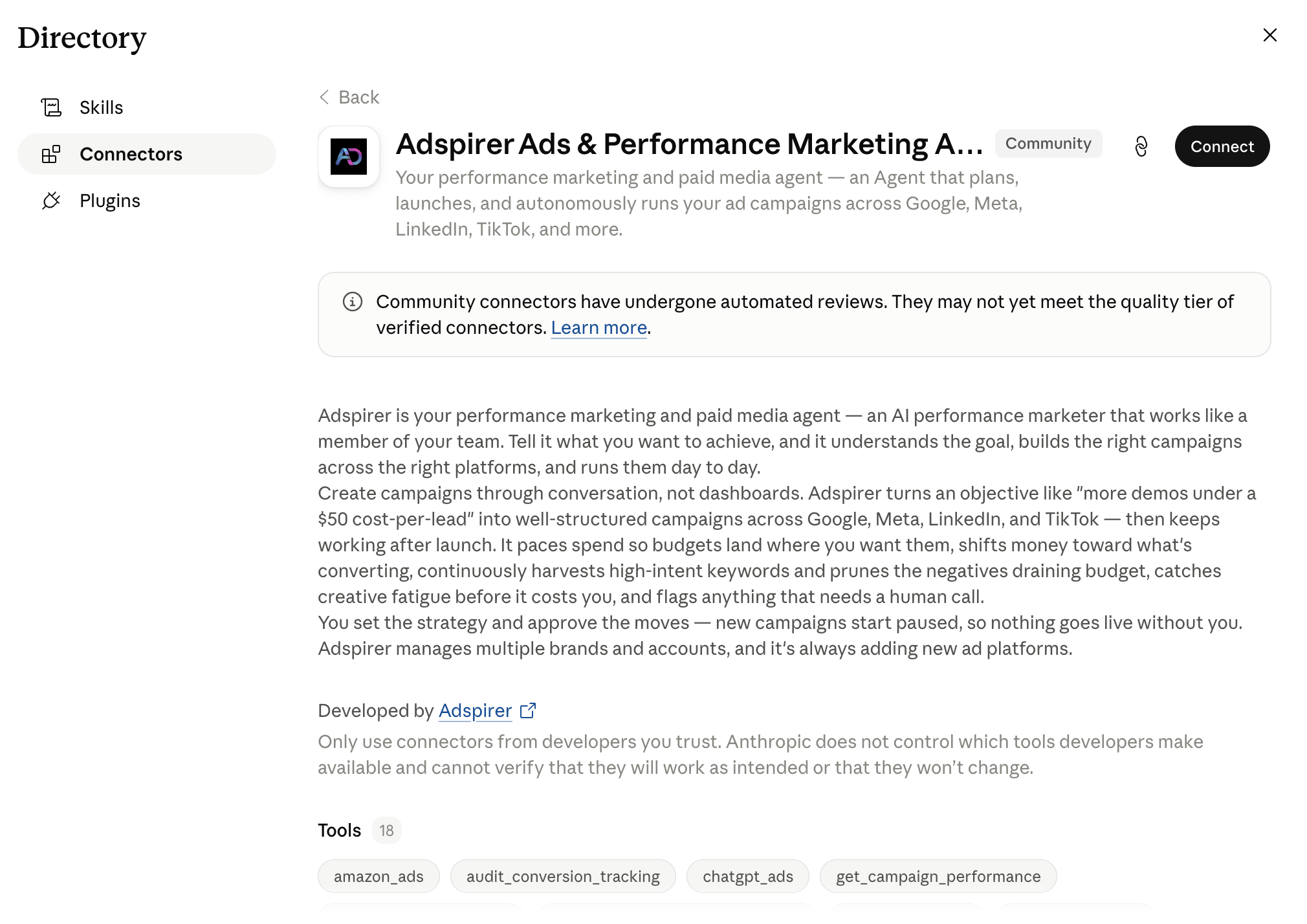 Adspirer Ads & Performance Marketing Agent listing in Claude with the Connect button