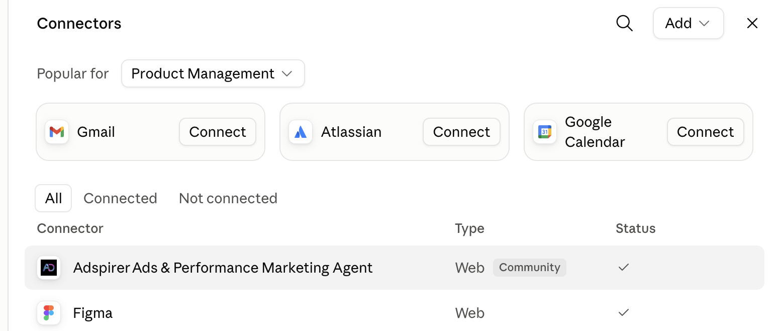 Claude Connectors page showing Adspirer Ads & Performance Marketing Agent with a connected status checkmark