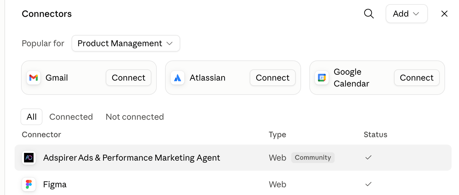 Claude Connectors page showing Adspirer Ads & Performance Marketing Agent with a connected status checkmark