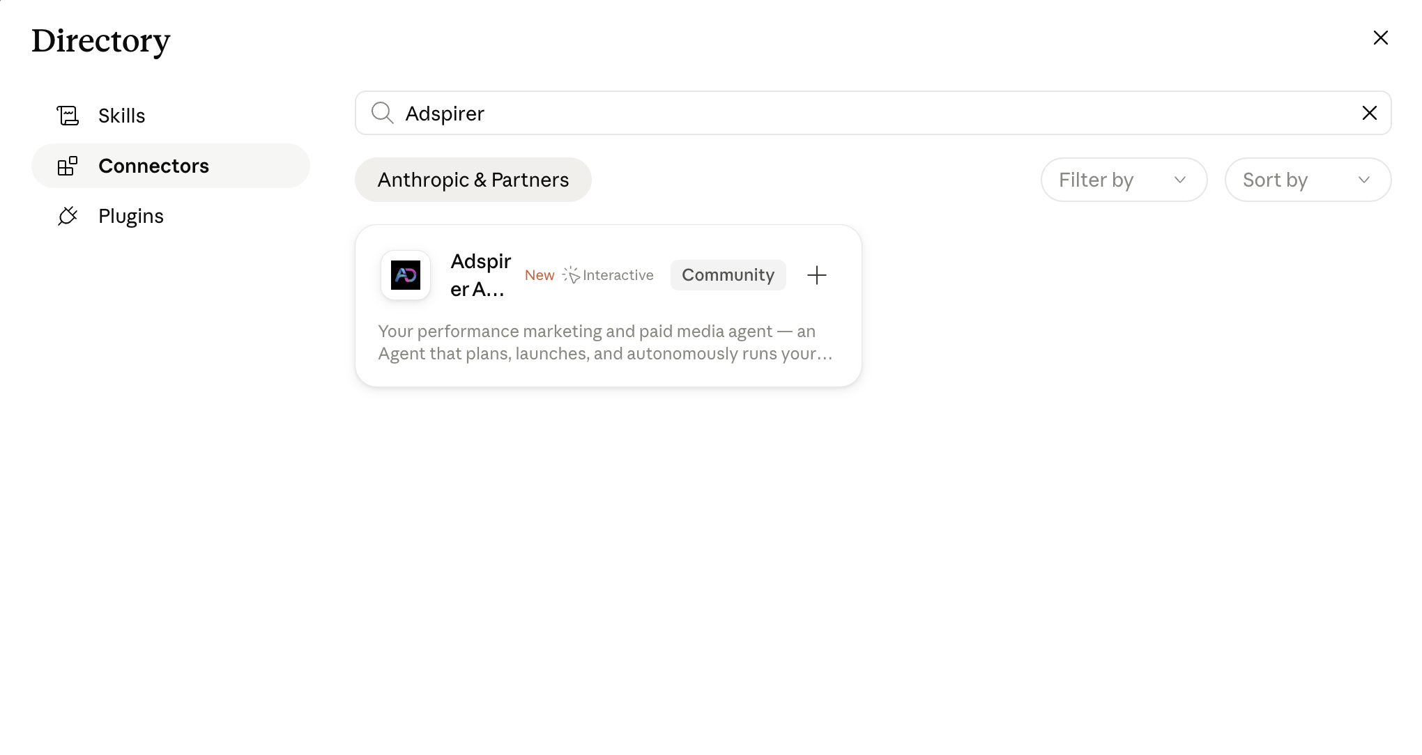 Claude Connector Directory search results showing Adspirer Ads & Performance Marketing Agent as a Community connector
