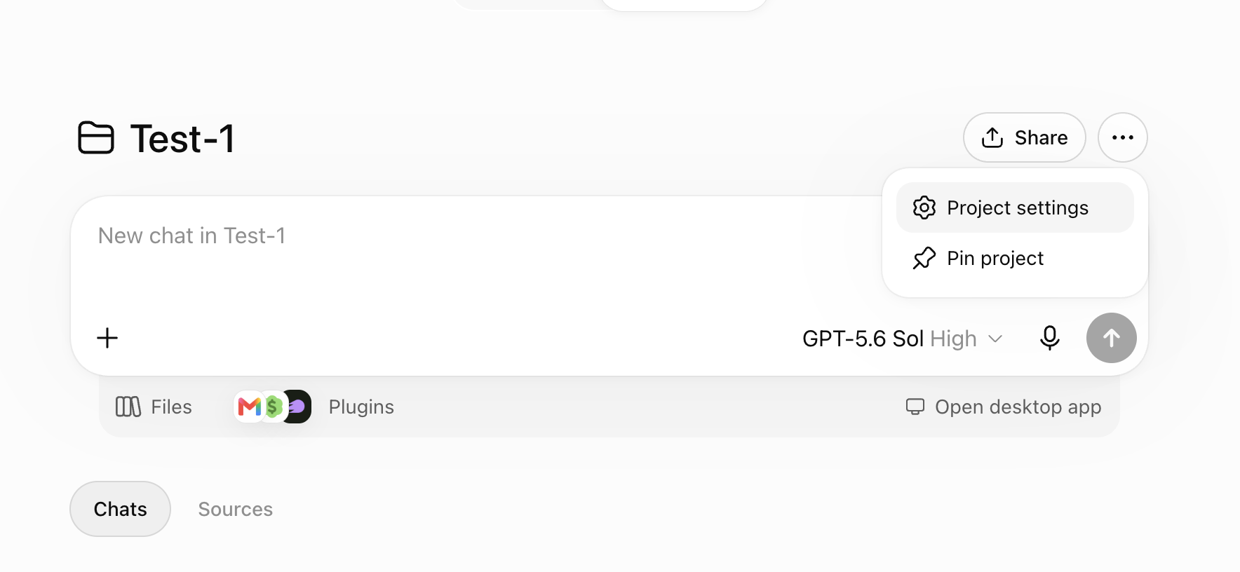 ChatGPT project page with the three-dot menu open, showing Project settings and Pin project