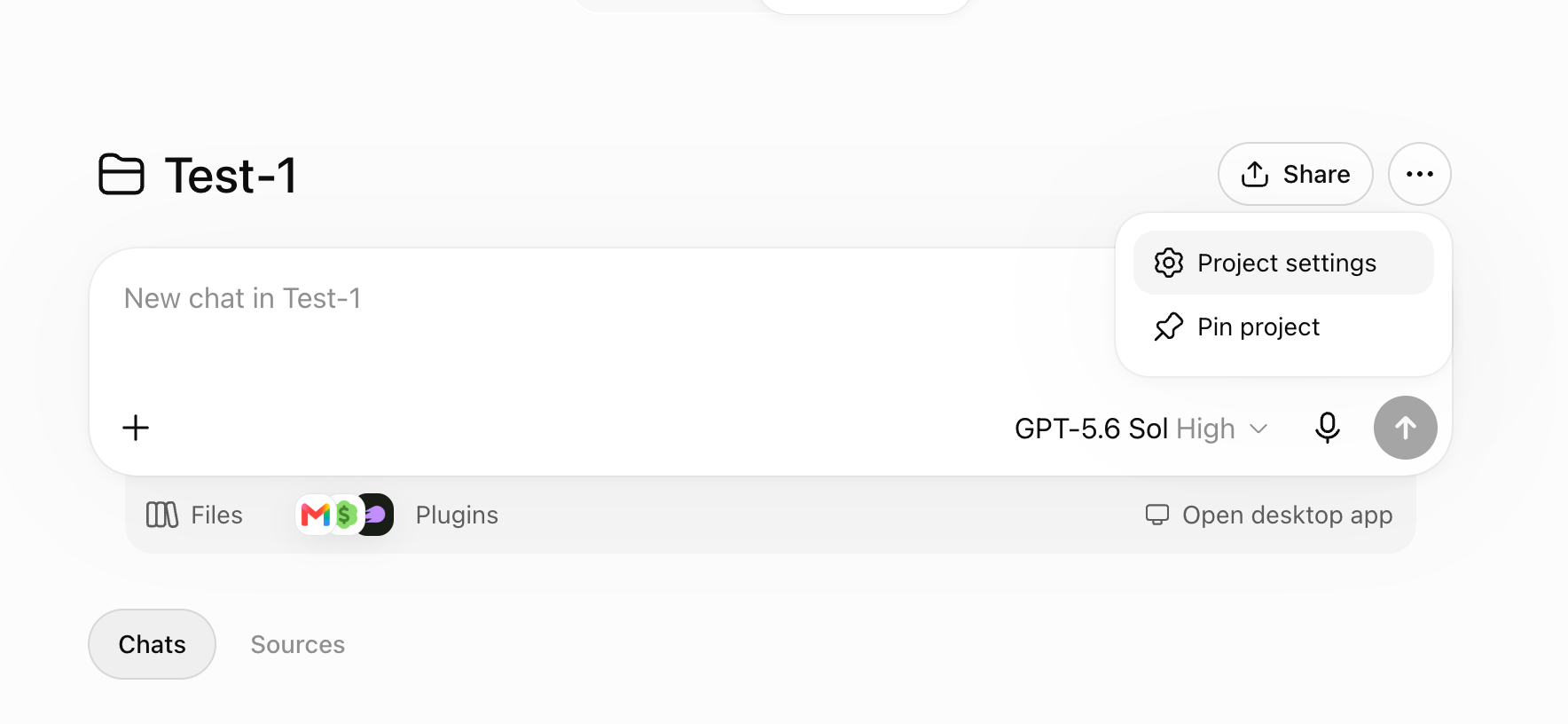ChatGPT project page with the three-dot menu open, showing Project settings and Pin project