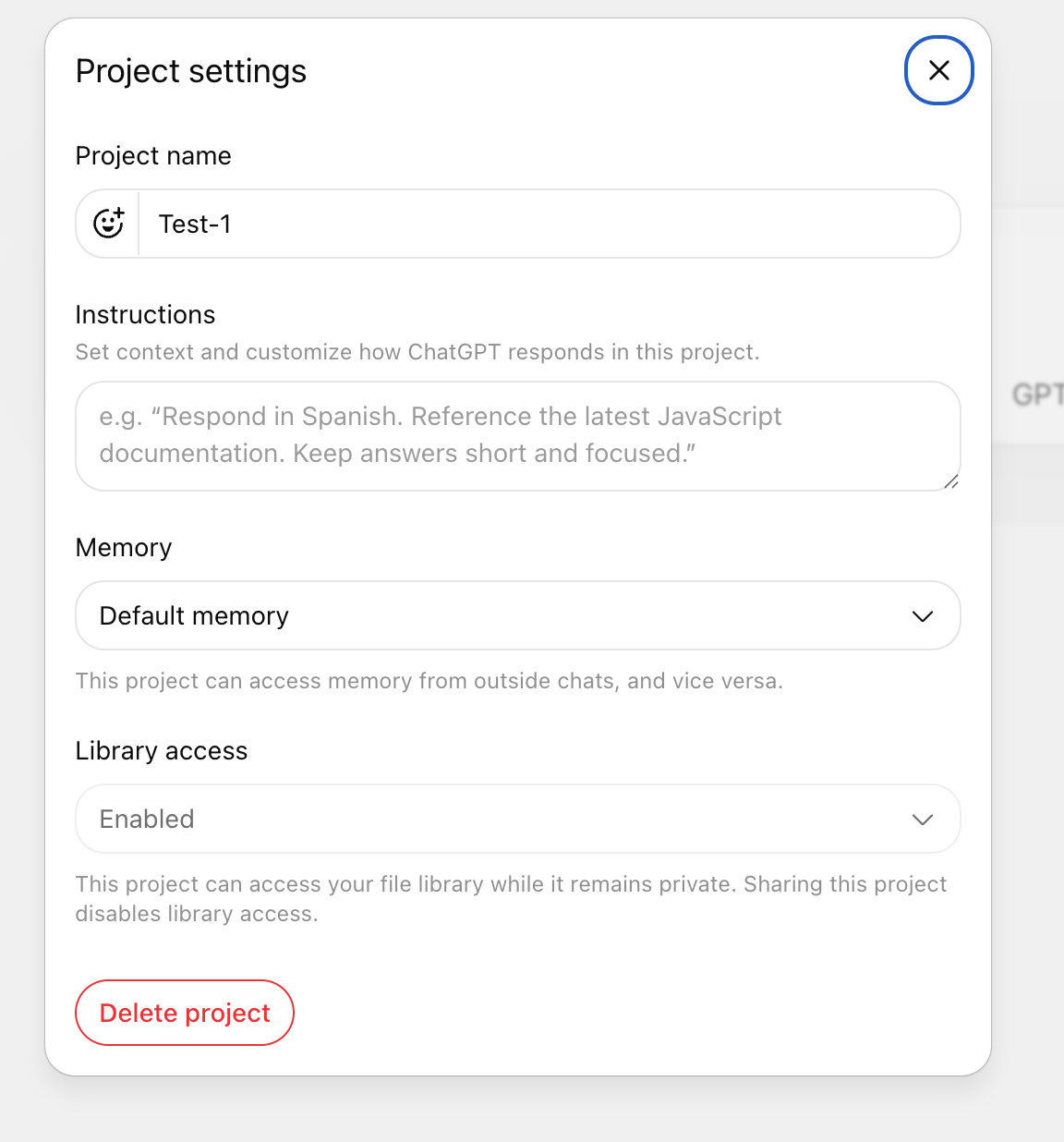 ChatGPT Project settings dialog with the Instructions field, a Memory dropdown set to Default memory, and Library access enabled