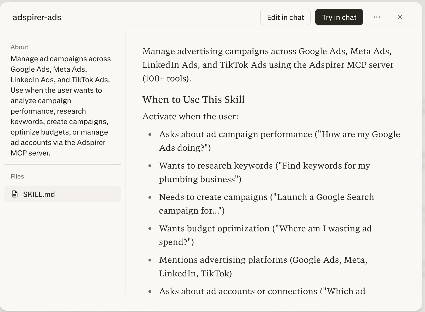 Perplexity skill detail showing adspirer-ads skill with SKILL.md file and description