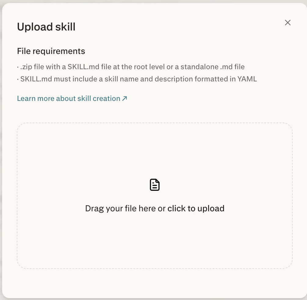 Perplexity Upload skill dialog showing file requirements and drag-and-drop area